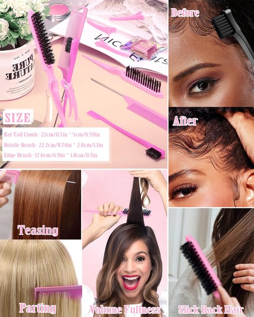 Slick Back Hair Brush Set: Hair Wax, Edge Brush, Rat Tail Comb, Bristle Brush, Hair Bun Accessories, Smoothing Brush for Women & Kids