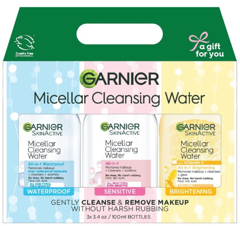 Garnier SkinActive Micellar Water Gift Set, Face Cleansing Holiday Skin Care Kit with Travel Size Micellar Facial Cleansers, Includes Original, Waterproof and Vitamin C Formulas, 1 Kit