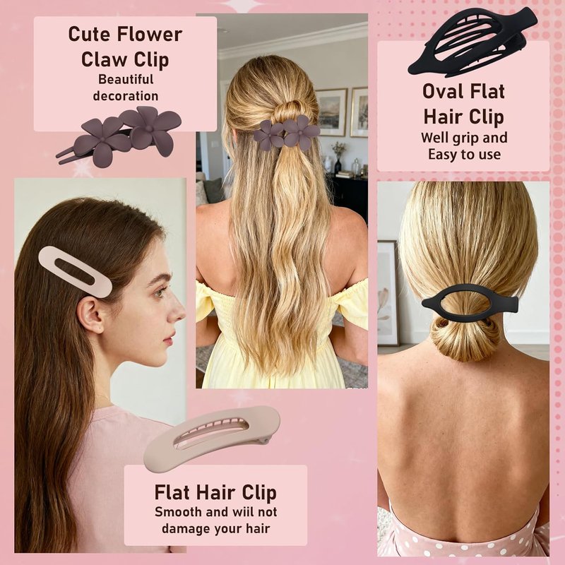 Flat Hair Clips Set - 12 Pack Matte Neutral Claw Clips & Barrettes | Strong Hold for Thick & Thin Hair in Black, Blonde, Brown