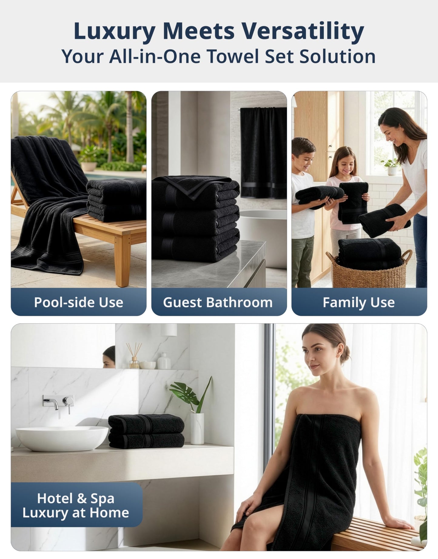 LANE LINEN 100% Cotton Bath Towels 4 Pack (28"x54") - Zero Twist, Mercerized Cotton Large Towel Set for Bathroom - Quick Dry, Soft & Absorbent Large Bath Towel Set - Oeko Tex Certified - Black Towels