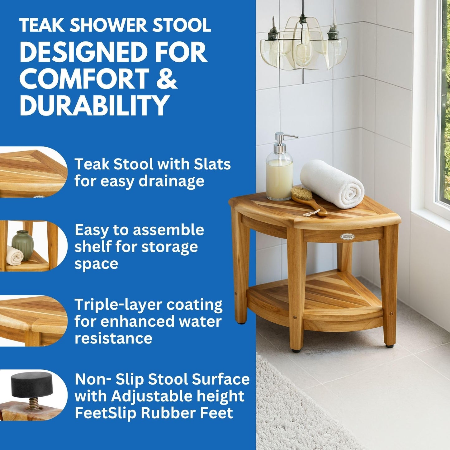 EcoDecors Corner Teak Shower Bench with Shelf – 16” x 18" Height- Teak Shower Stool with Shelf, Waterproof, 350lb Capacity Non-Slip | for Inside Shower | Tool-Free Assembly | Aging in Place