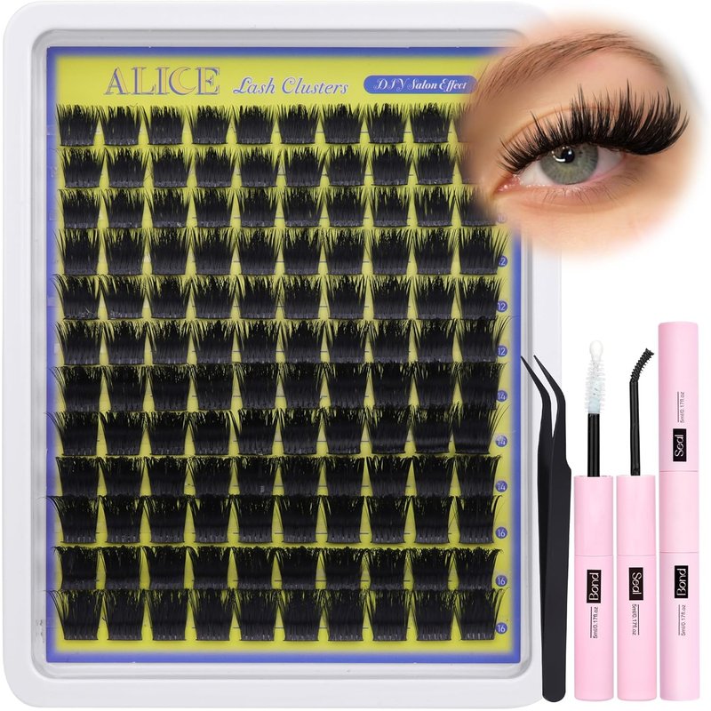 ALICE Wispy Lash Clusters Kit - Thick Volume D-Curl 200D Individual Lashes with Glue for Home Application