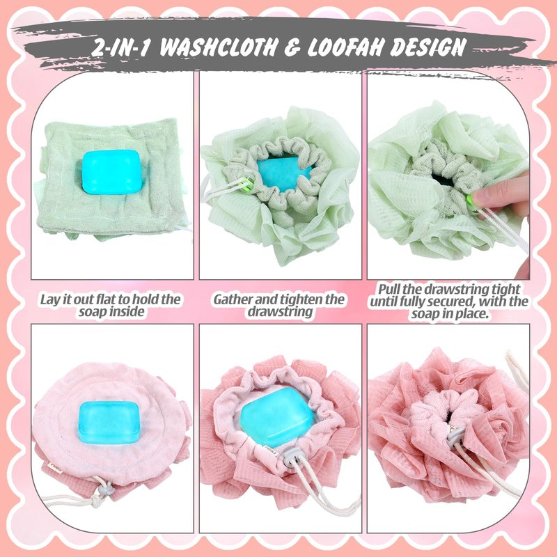 Afarnook 6 Pcs Washcloth Loofah Combo 2 in 1 Bath Loofah Sponge with Drawstring Exfoliation Mesh Shower Puff Ball for Body Cleaning Bath Set with Dual Sided Puff Shower Sponge Rich Lather