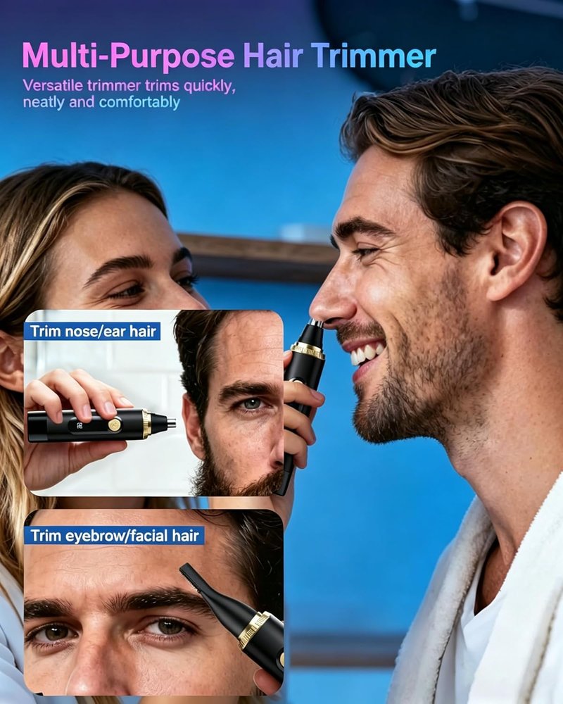 Nose Hair Trimmer - Painless IPX7 Waterproof Facial & Eyebrow Hair Remover | USB Rechargeable, LED Display, Black