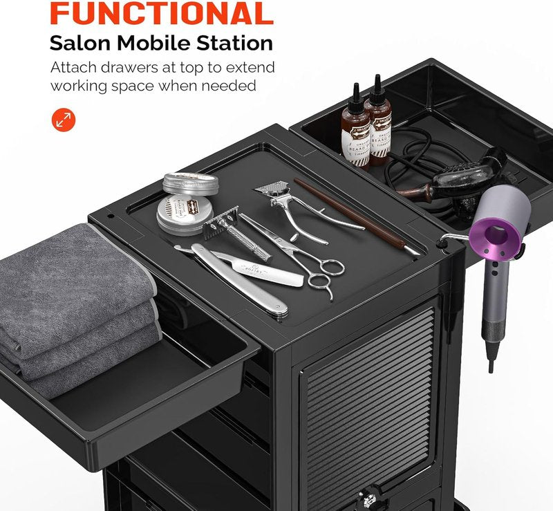 OmySalon Salon Trolley Cart, Hair Stylist Station with 2 Lockable Doors, Rolling Hair Cart Organizer with Drawers & Bucket & Dryer Holder, Barber Shop Hairdressing Beauty Tattoo Versatile Equipment