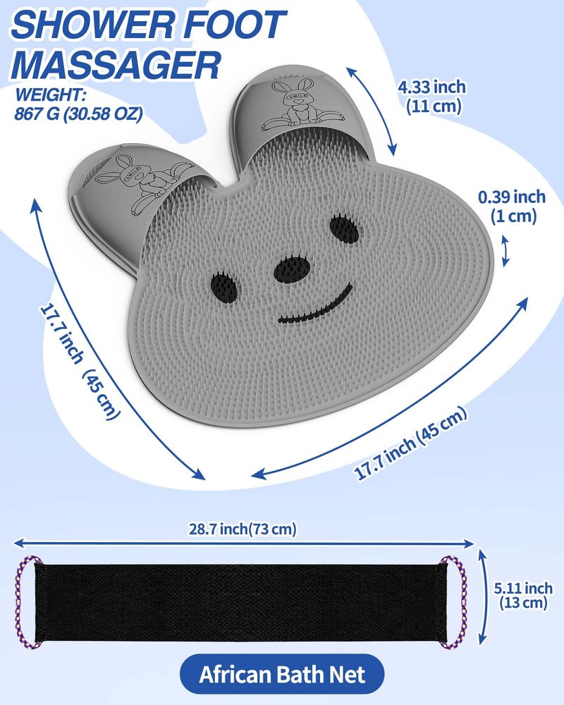 Manmihealth Extra-Large Shower Foot Scrubber Mat with Non-Slip Suction Cups, Silicone Body Scrubber with Long-Handle, Shower Bath Glove, Bath Sponge Net Combation (Gray)