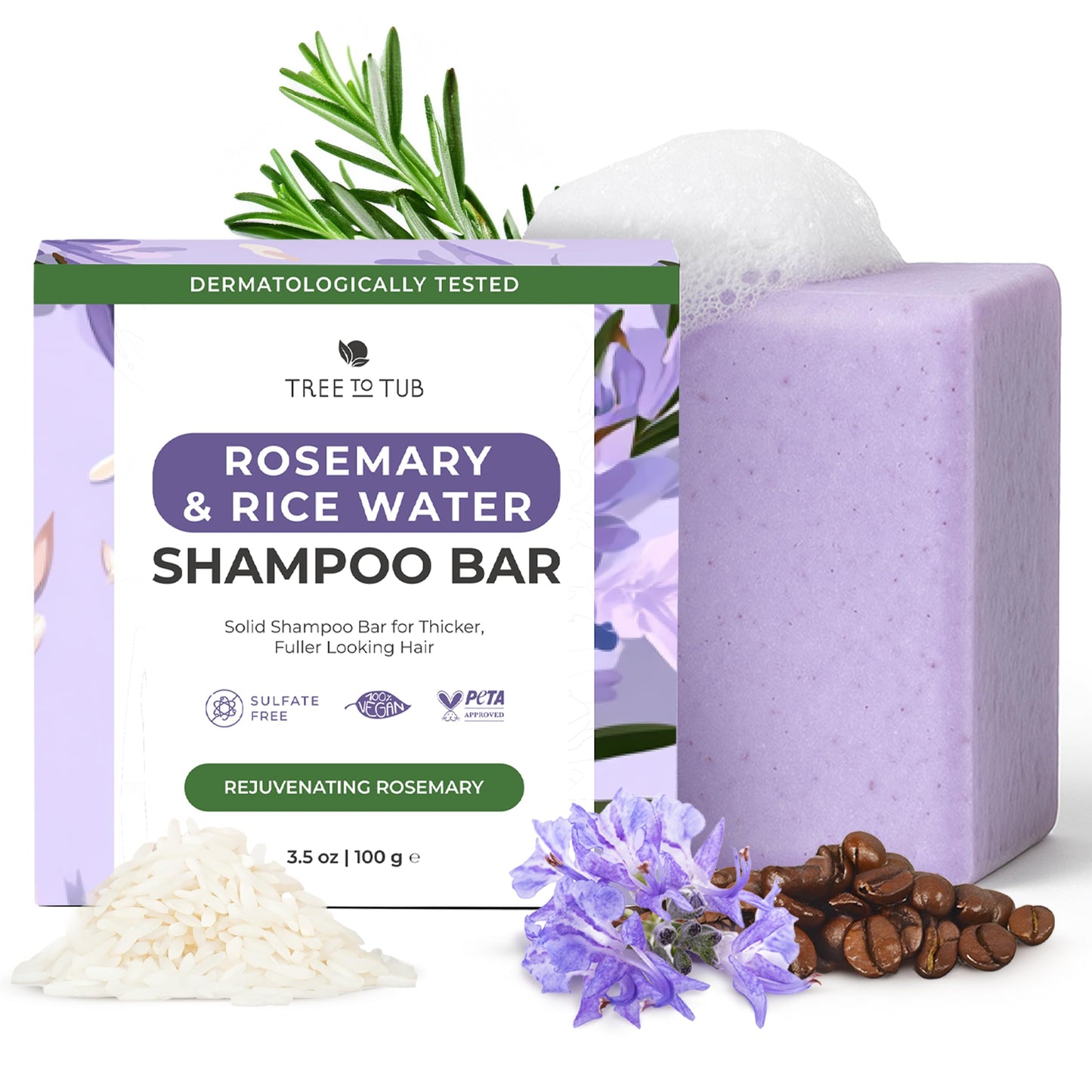 Tree To Tub Rosemary Rice Water Shampoo Bar - Sulfate-Free Strengthening Solid Shampoo with Caffeine & Biotin – Plastic-Free Hair Soap for Thicker-Looking Hair, Natural & Suitable for Sensitive Scalp