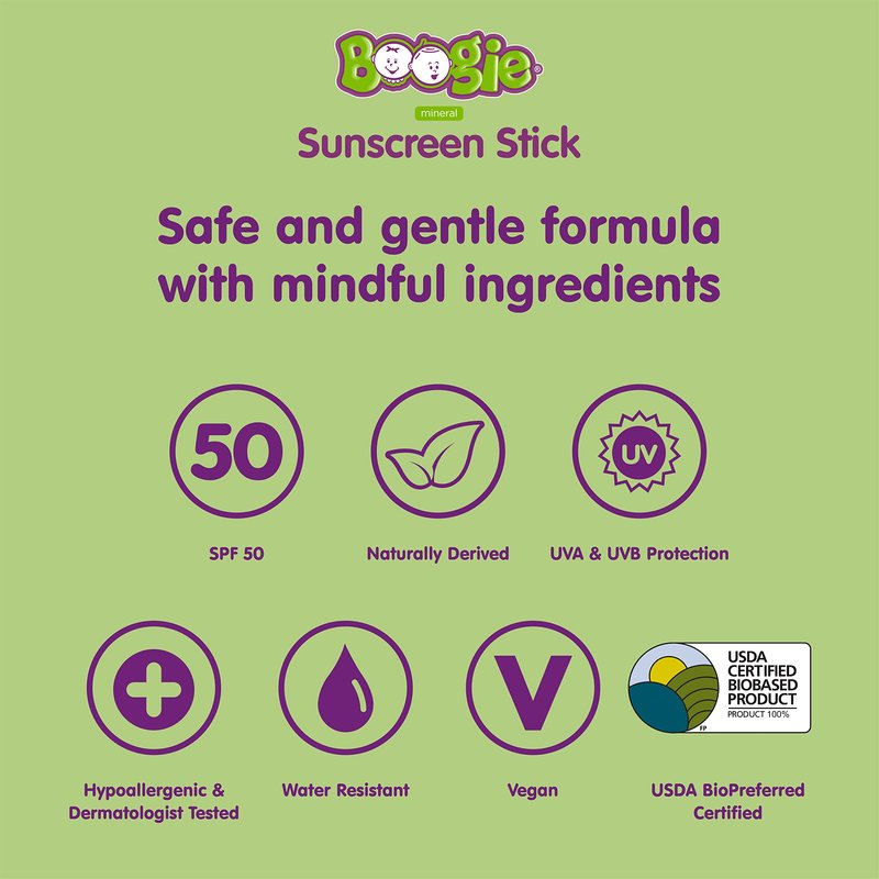 Boogie Mineral Sunscreen Stick SPF 50-0.49 oz - Sunscreen for Kids - Broad Spectrum UVA & UVB Protection - Water Resistant Sun Protection - Hypoallergenic - 100% Naturally Derived Ingredients