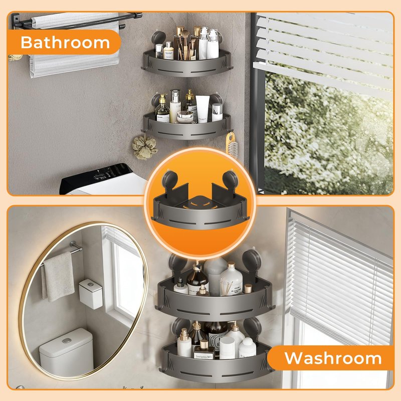 PHX Grove Corner Shower Caddy 2-Pack, Suction Cup Shower Organizer with Hooks, No Drilling Rustproof Aluminum Floating Wall Shelf, Gun Grey, Triangular (Triangular)
