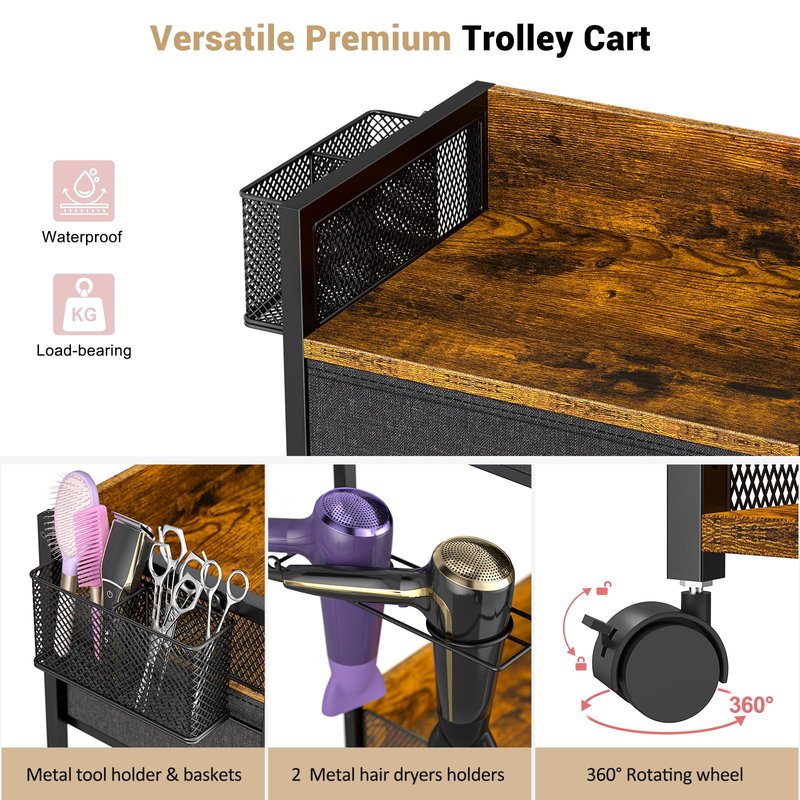 Salon Trolley Cart with Wheels, Mobile Hair Stylist Station with Metal Tool Holder & Basket, Rolling Barber Table with Fabric Drawer, Storage for Salon, Barbershop, Spa & Tattoo, Black