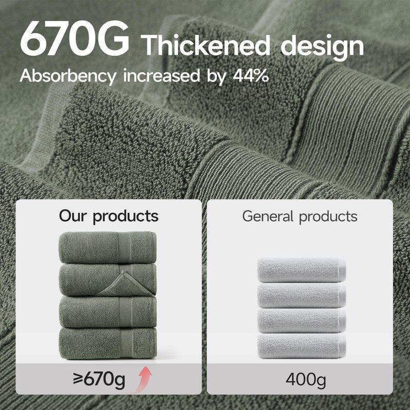 REDKISS Sage Green Bath Towels 4-Pack, 100% Cotton, Thick Plush & Highly Absorbent, 27.5" x 55" for Shower, Spa & Home