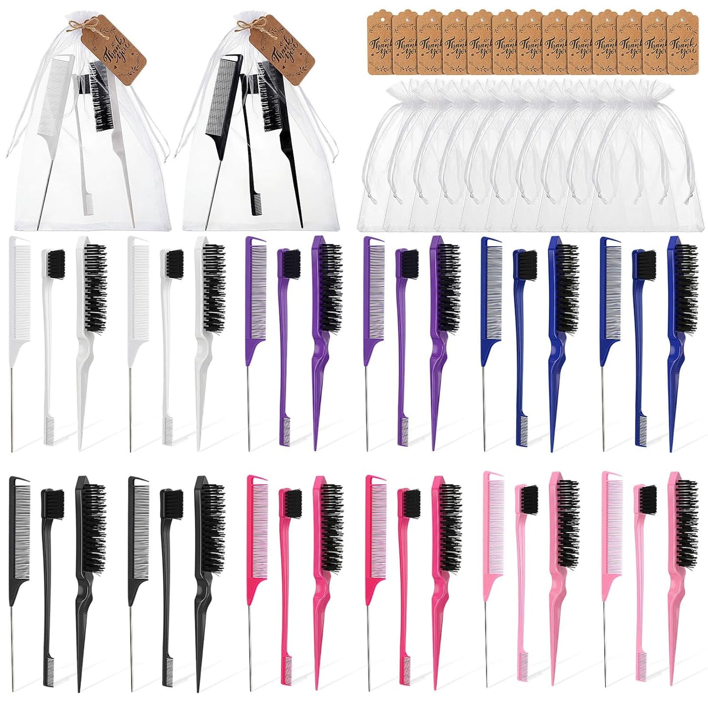 Slick Back Hair Brush Set - 12-Piece Teasing & Styling Comb Kit | Includes Gift Bag & Thank You Card