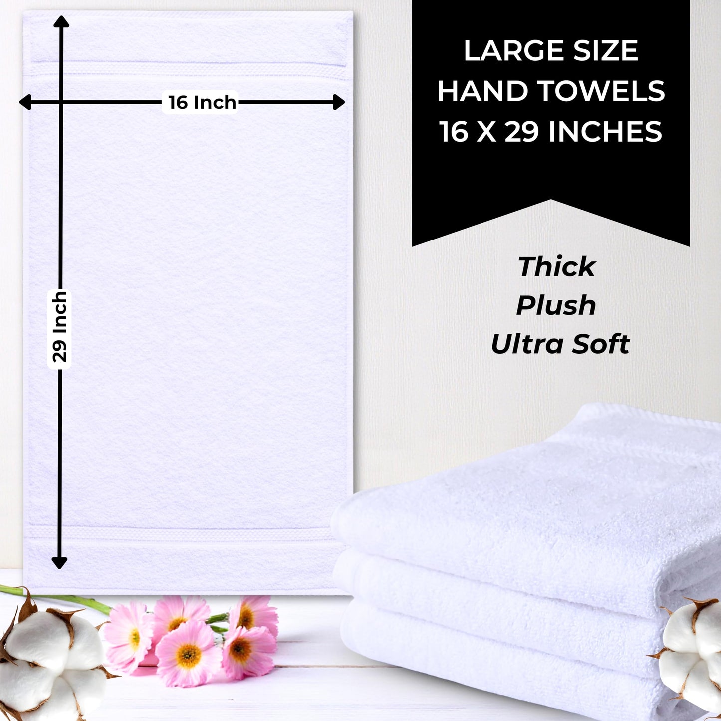 White 100% Cotton Bath Hand Towels for Bathroom - Thick Luxury Soft Plush Fluffy Bulk Hotel Towels 3 Pack - Toallas De Mano para Baño - Size 16"X29" Medium Large Size Face Spa Handtowels Towles