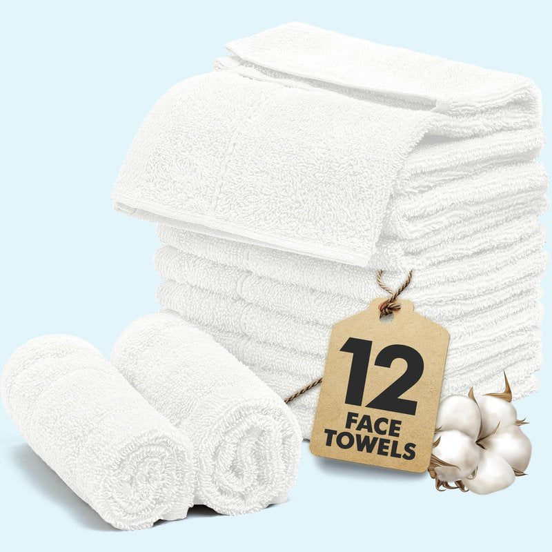 Novo Home Face Towels Pack of 12 – 100% Cotton Wash Cloths (12x12 inch) – Soft, Quick Dry & Highly Absorbent Hand Towels for Bathroom, Spa, Gym, Kitchen and for Daily Use - (White)