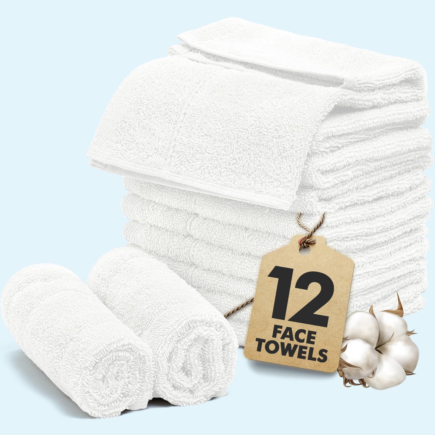 Novo Home Face Towels Pack of 12 – 100% Cotton Wash Cloths (12x12 inch) – Soft, Quick Dry & Highly Absorbent Hand Towels for Bathroom, Spa, Gym, Kitchen and for Daily Use - (White)
