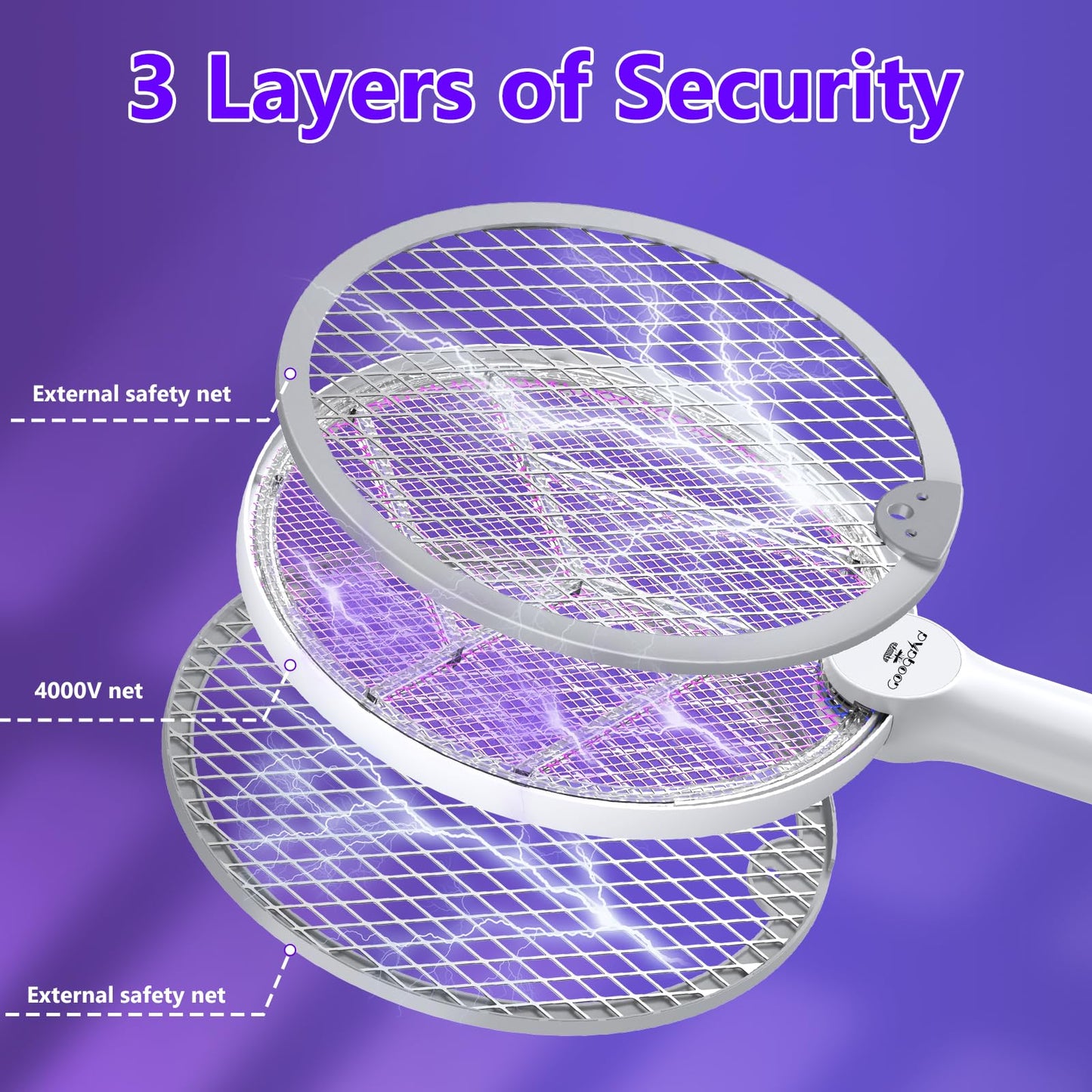 GooQand Bug Zapper Racket, 2 in 1 Mode Electric Fly Swatter USB Rechargeable, 4000V Electric Fly Zapper with 3 Layer Safety Mesh, Indoor Outdoor Electric Racket for Kitchen, Bedroom, Camping