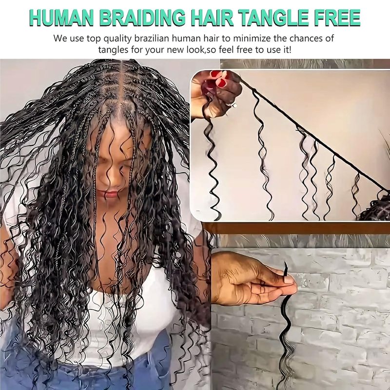 16 Inch Water Wave Human Hair Extensions - Boho Braids, 110g Knotless, 100% Virgin Natural Black | 3 Bundles