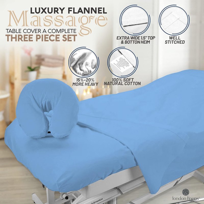 Massage Table Sheets Set - 100% Natural Cotton Flannel | 3-Piece Light Blue Set with Cover, Fitted Sheet & Face Rest