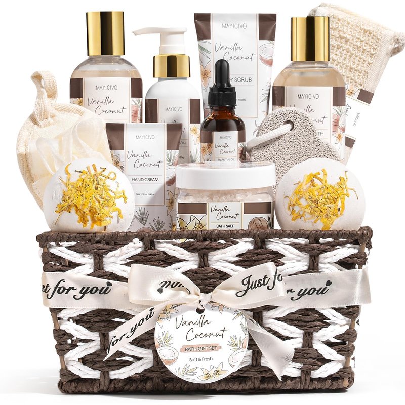 Mothers Day Birthday Gifts for Women, Vanilla Coconut Relaxing Spa Gift Baskets for Women Self Care Package Bath Gift Set, Home Bath and Body Kit Pampering Gifts for Womens Her Mom Friends Sister Wife