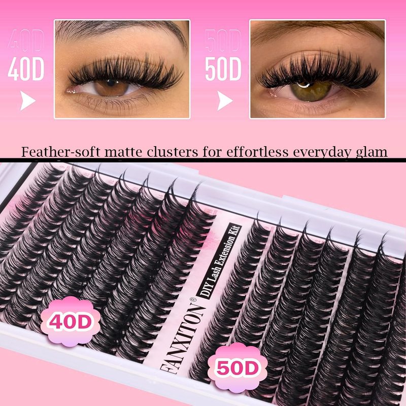 FANXITON Eyelash Extension Kit - 280 Thick Volume Lash Clusters 40D/50D D Curvature with Bond & Tweezers