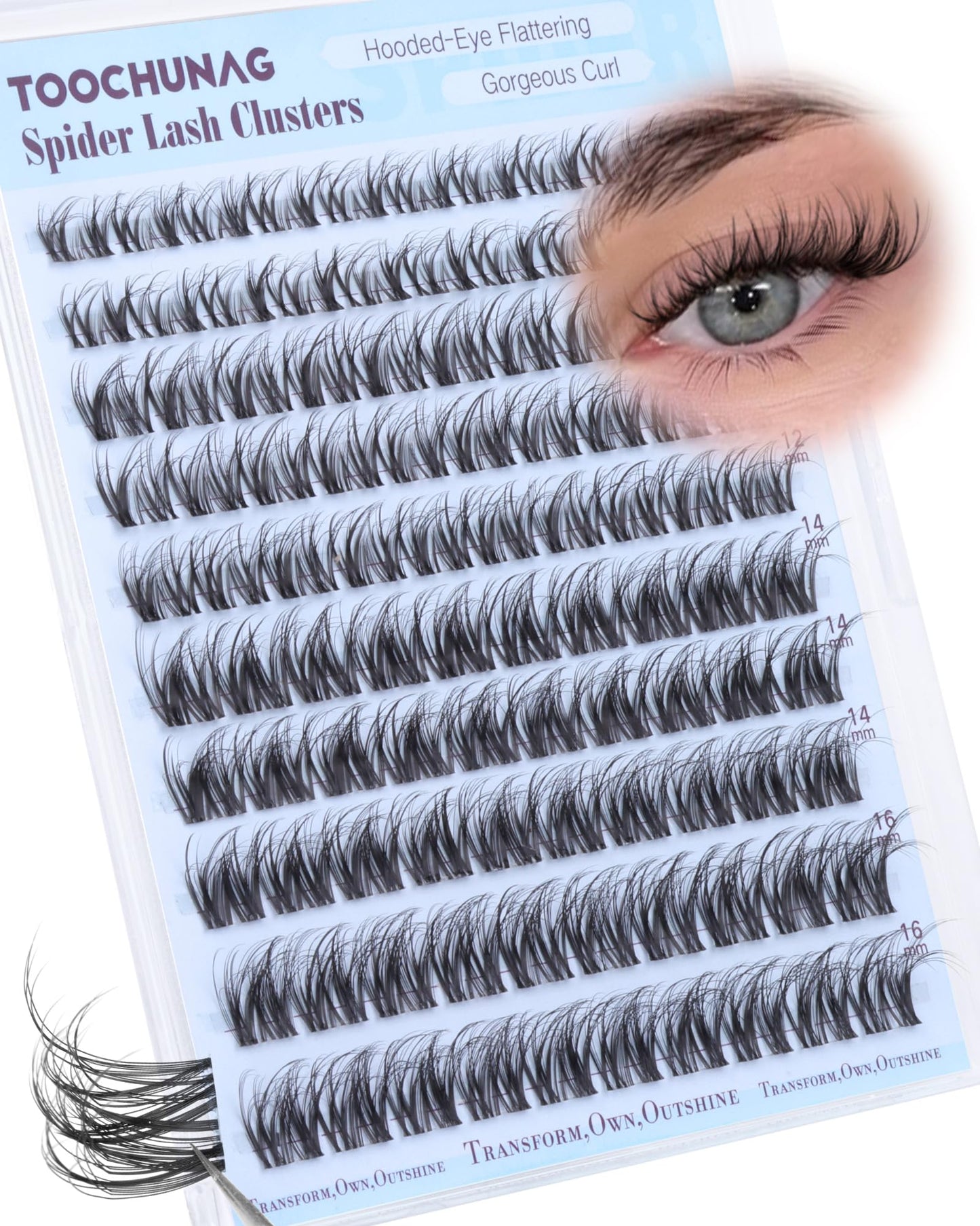 TOOCHUNAG Spider Lash Clusters Breeze Wispy Cluster Eyelash Extensions Fluffy Individual Lashes Clusters 10-16mm D Curly Volume Eyelash Clusters Natural Look with Invisible Band for DIY at Home