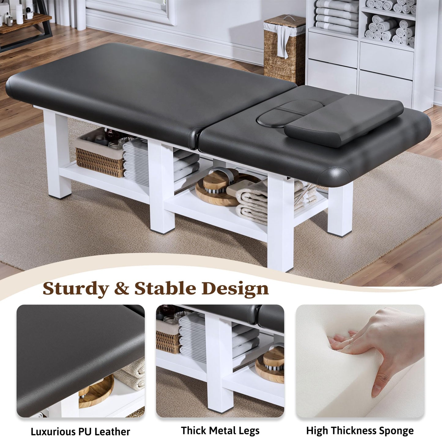Wide Stationary Massage Table -Professional Massage Table with Adjustable Backrest & Under-Table Storage Space, Treatment Tables with 6 Sturdy Metal Legs and Pu Leather for Physical Therapy, Tattoo
