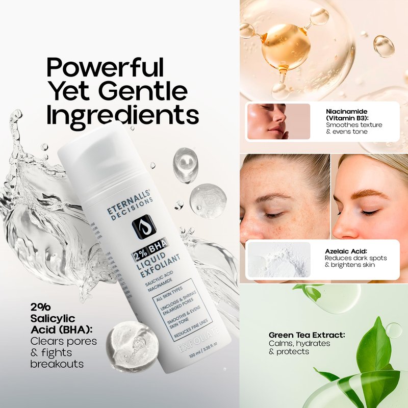 2% BHA Liquid Exfoliant Face Toner, Daily Leave-On Exfoliant, with Salicylic Acid & Niacinamide to Unclog Pores, Smooth Texture, Hydrate & Support Glowing Skin, Daily Exfoliator | Eternalls Decisions