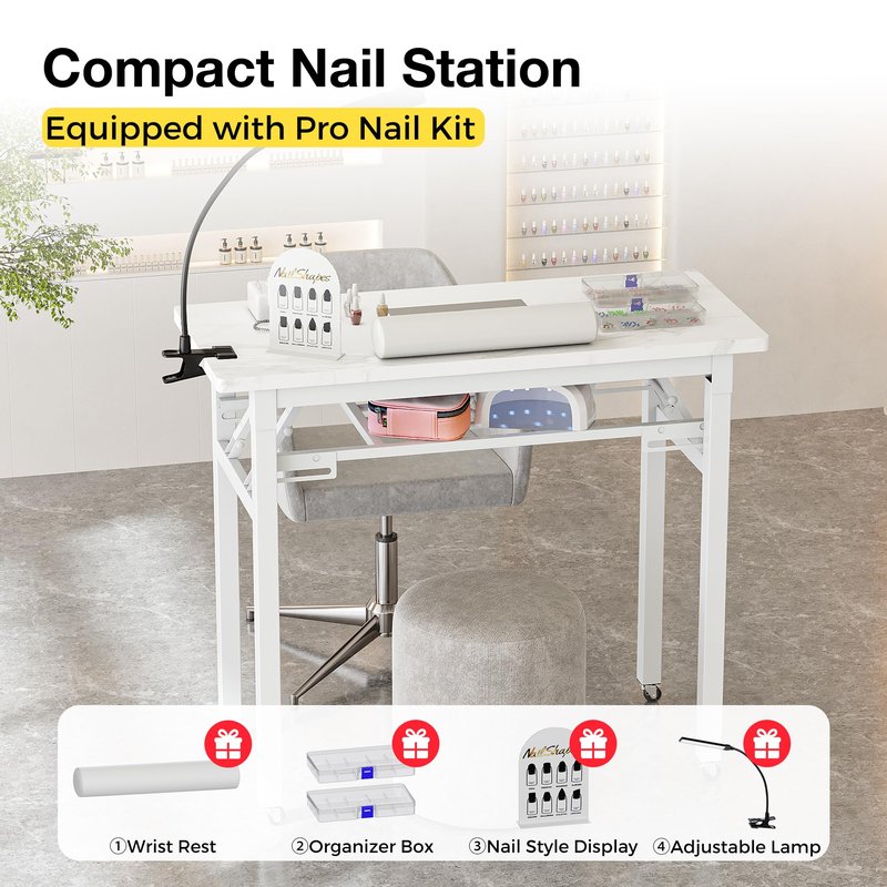Portable & Foldable Manicure Table w/Dust Collector, Rolling Nail Tech Desk w/LED Light Lamp, Wrist Cushion, Lockable Wheels, Carrying Case, for Home Travel Beauty Salon Workstation (Marble White)