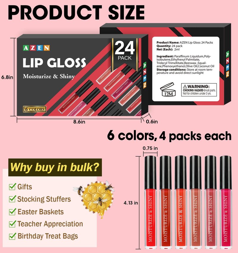 AZEN 24 Pack Lip Gloss Bulk Set, Shimmery Lip Gloss for Women and Girls With Rich Varied Colors, Mothers Day Gifts for Women