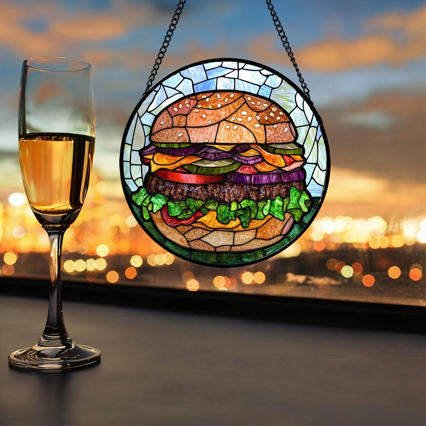 QZQCBLC Stained Glass Window Hanging Beef Burger 6.3" - Suncatcher Door Garden Kitchen Sun Catcher Decor Birthday Christmas for Mom Woman Nana Friend Men Kids