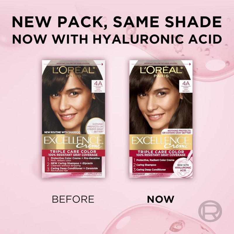 L'Oreal Paris Excellence Crème Permanent Hair Dye, Triple Care Hair Color with Hyaluronic Acid for 100% Gray Coverage, 4A Dark Ash Brown, 1 Kit (Pack of 2) (Packaging May Vary)