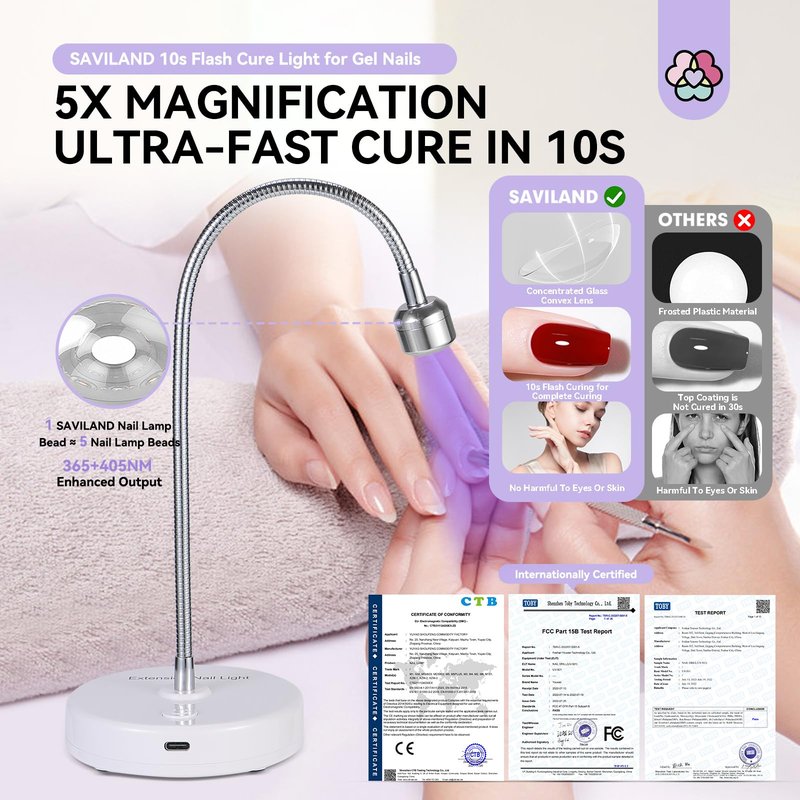 SAVILAND Gooseneck UV Light for Gel Nails: Touch Switch 12W U VNail Lamp 5S Quick Drying LED Flash Cure Lamp Rechargeable Gel Flash Cure Light 3 Timers Setting 360° Adjustable Home Salon Manicure