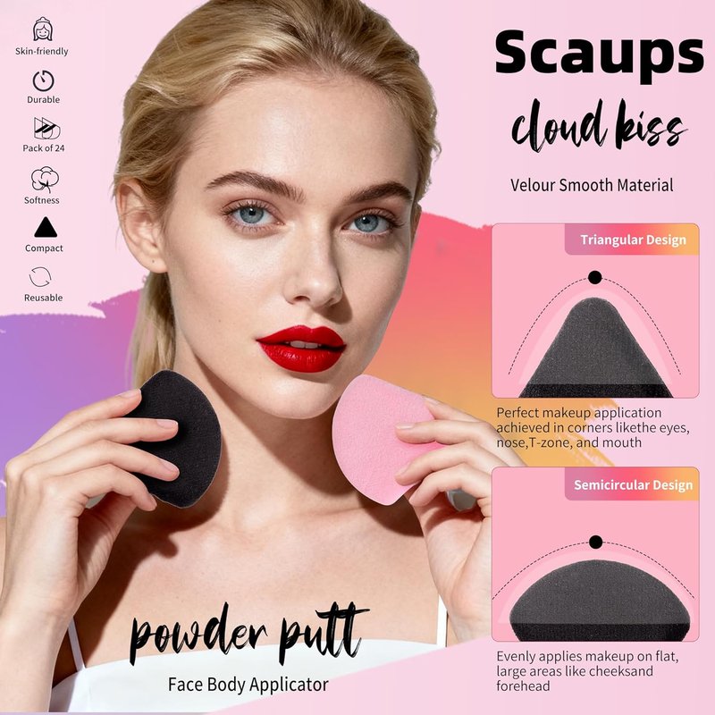 Skiennix 24Pcs Triangle Powder Puffs - Black & Pink Makeup Applicators for Flawless Foundation
