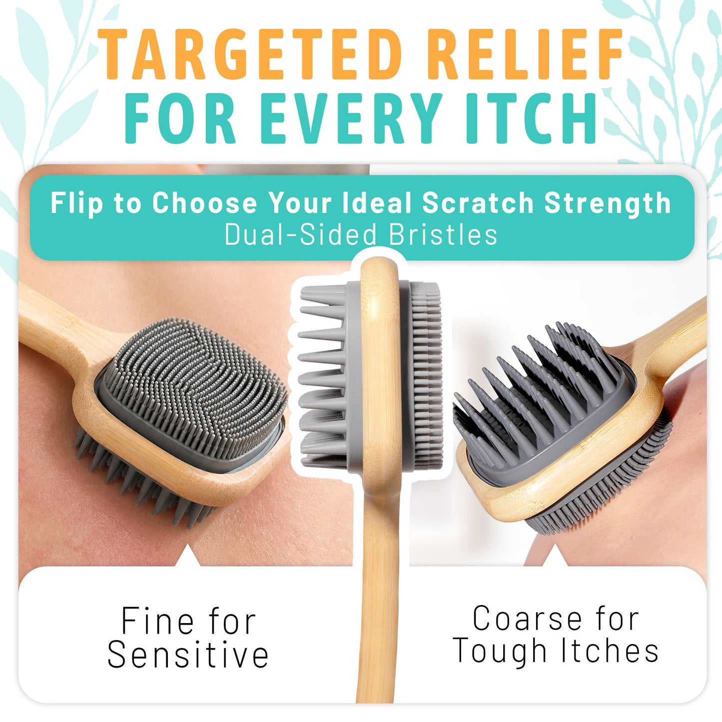 Long Handle Back Scratcher with Dual Sided Silicone Bristles, Bamboo Wood Body Brush with Hanging Loop