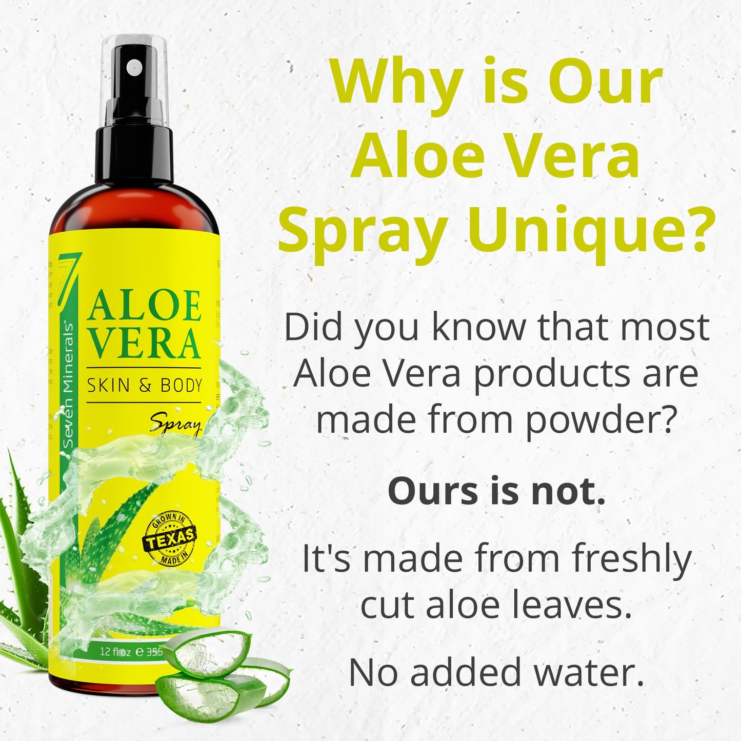 Seven Minerals, Aloe Vera Spray for Body & Hair - From Freshly Cut Organic Aloe (99%), Extra Strong, Easy to Apply, No Thickeners So It Absorbs Rapidly, No Sticky Residue - Made in USA (12 fl oz)
