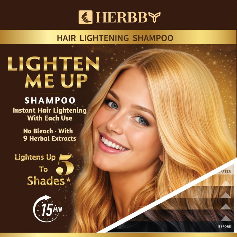 HERBBY Hair Lightening Shampoo, Bleach-Free with 9 Herbals Formula for Lightening Black, Dark & Medium Hair Colors – Instant Lightening with each use, No Damage – 250ml