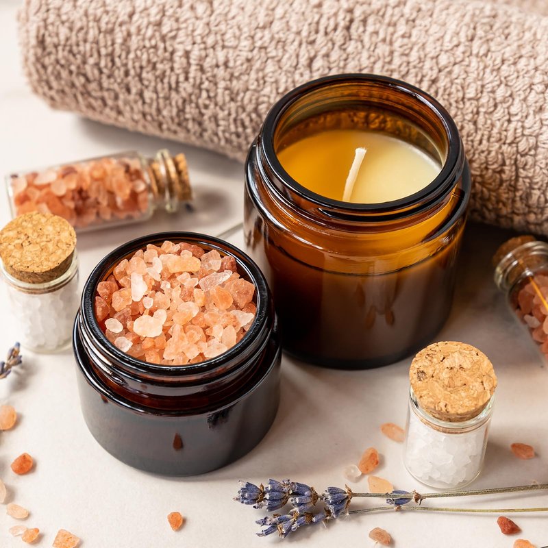 KEYWING 2oz Small Glass Jars with Black Lids, 70 Pack Amber Glass Cosmetic Jars, Round Empty Sample Container with Inner Liners for Lotions, Cream, Powders and Ointments