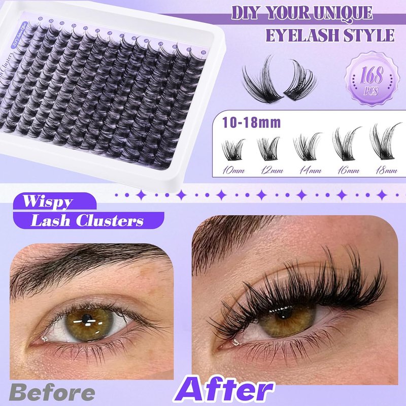 **ALICE Wispy Lash Clusters Kit - 168pcs Natural Eyelash Extensions 10-18mm with Glue for DIY Home Use**