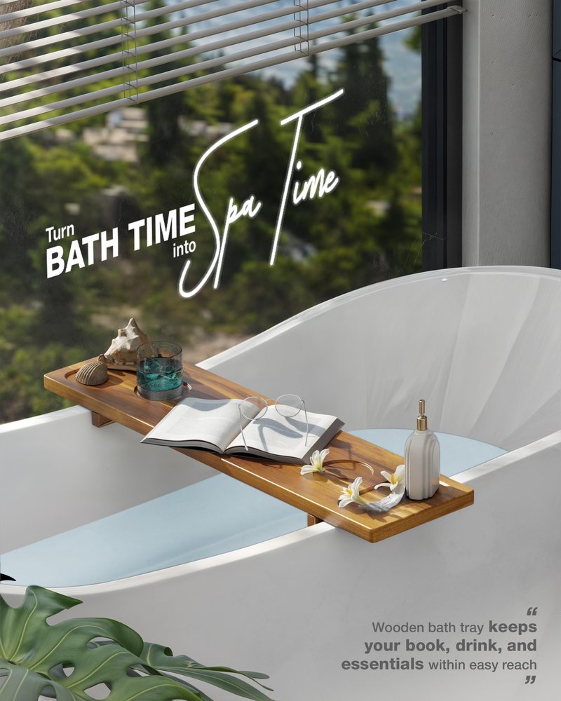 LotusSway Bathtub Tray, Acacia Bath Tray for Tub, 34.6''x9'' Wooden Bathtub Caddy Tray with Adjustable Legs Fit Various Bathtubs, Anti-Tipping, Sustainable Bath Table with Wine Glass and Tablet Holder