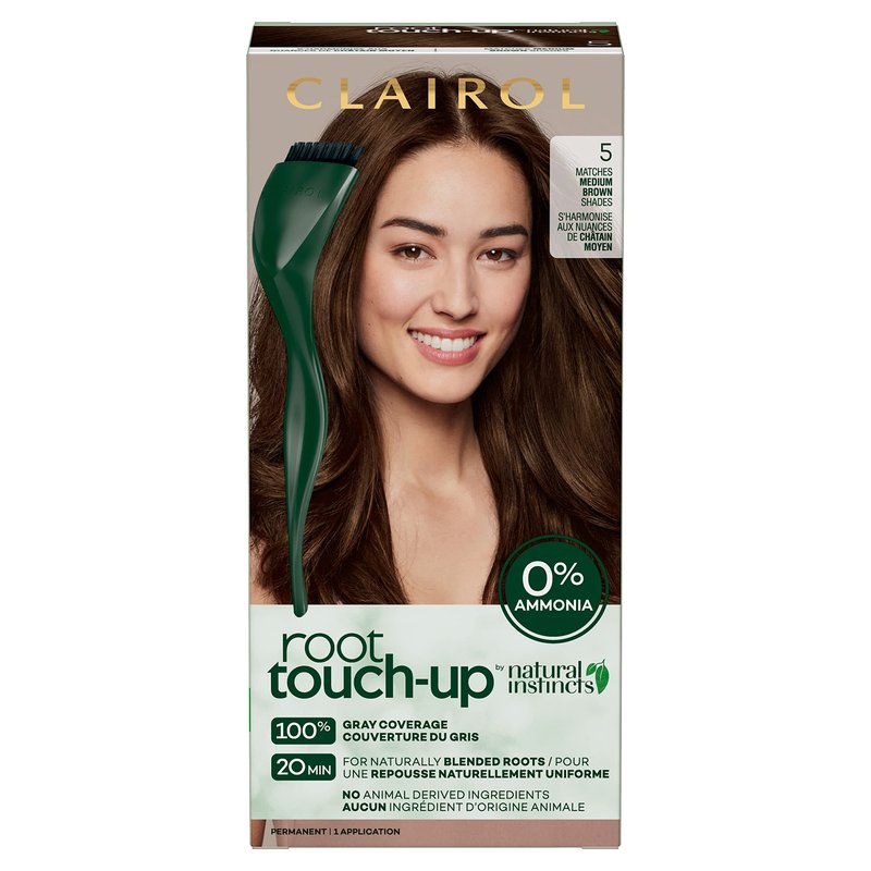 Clairol Root Touch-Up by Natural Instincts Permanent Hair Dye, 5 Medium Brown Hair Color | Naturally Blended Roots with 100% Gray Coverage | Vegan & Ammonia Free Formula | Pack of 1