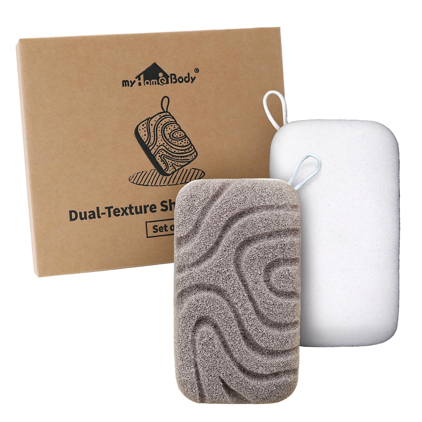 myHomeBody Dual-Texture Shower Sponge, Beauty Body Scrubber Exfoliator for Women, Exfoliating Loofah for Men, 2pc