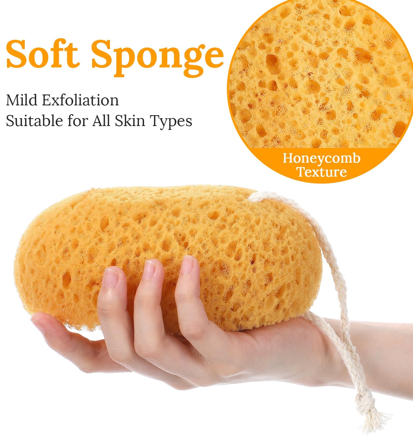 2PCS Exfoliating Bath Sponge, Large Natural Bath Sponge for Men & Women, Exfoliating Foam Puff with Dense Foam for Gentle & Deep Cleansing, Ultra-Soft for Sensitive Dry Skin (5.9 * 3.9 inch)