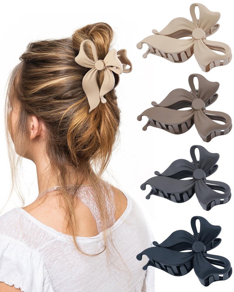 4 PCS Bow Hair Clips Bow Claw Clip for Women, Large Hair Claw Clips for Thin Thick Long Hair Cute Nonslip Bows (Black+Grey+Dark Brown+Light Brown)