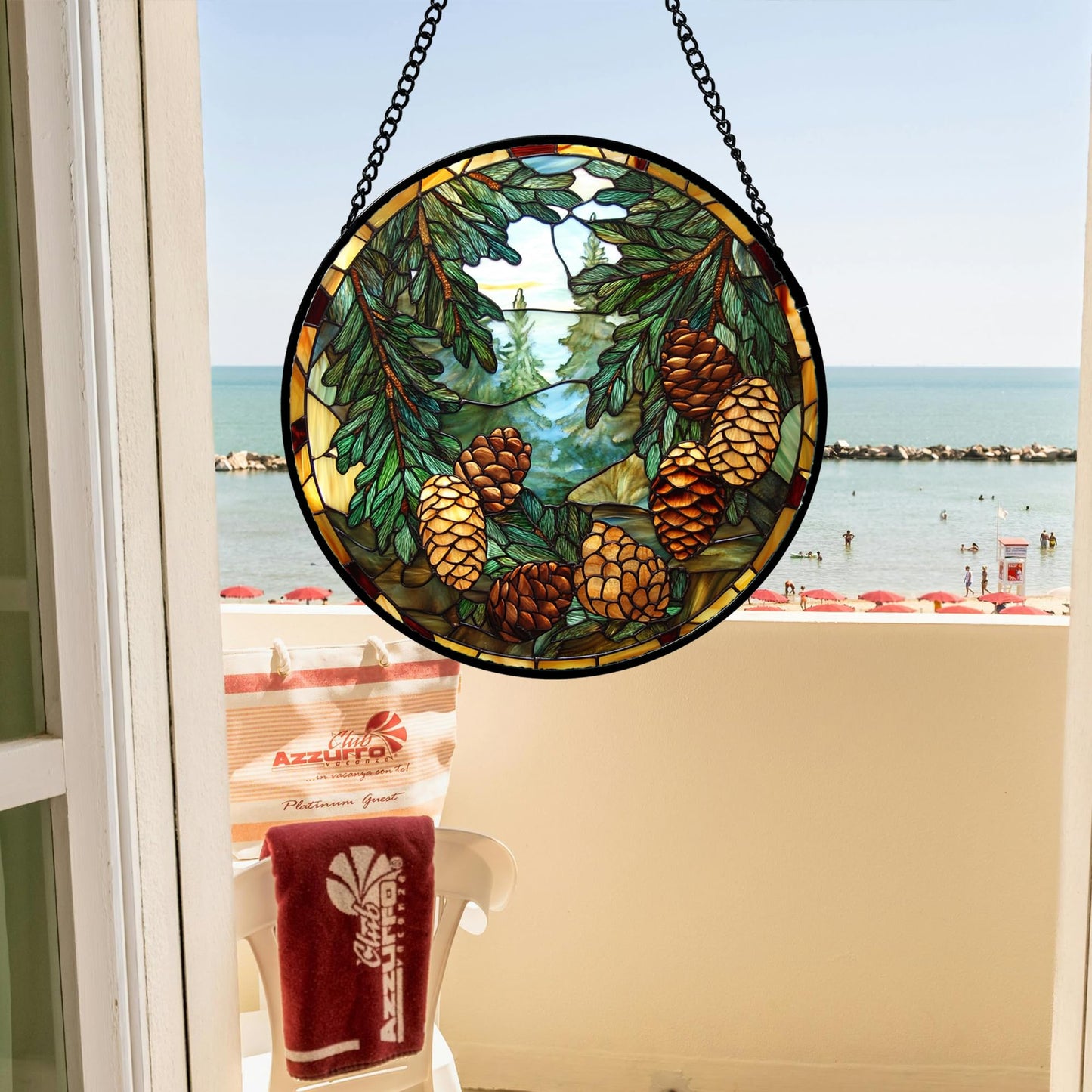 QZQCBLC Stained Glass Window Hanging Forest Pine Cone Landscape 7.8" - Green Suncatcher Door Terrace Garden Sun Catcher Home Decor Birthday Christmas for Mom Men Woman Wife