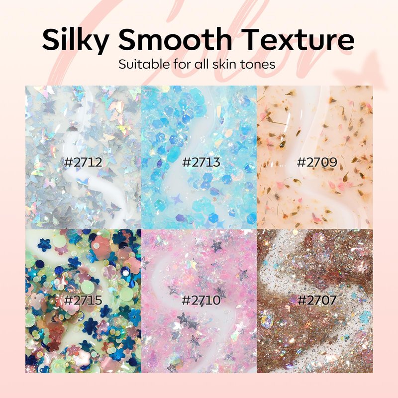 modelones Gel Nail Polish Set, 6 Colors Dried Flower Laser Butterfly Blue Pink Star Shape Ornament Glitter Gel Polish Collection with Wooden Stick All Seasons Soak Off LED Manicure DIY Gift