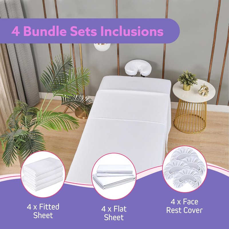 Massage Table Sheets Set - 3-Piece Microfiber Spa Bed Covers | Soft, Wrinkle & Oil Resistant - White