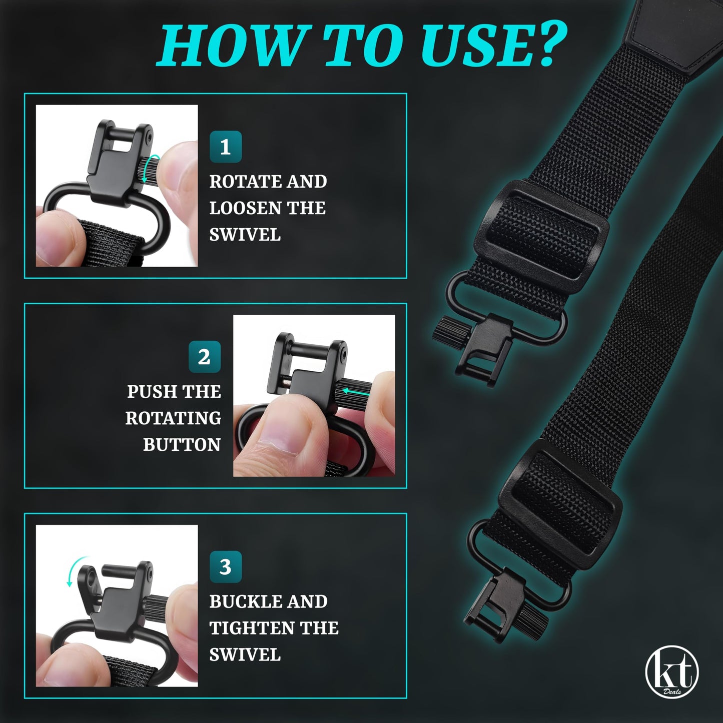 Two Point Gun Sling with Swivels, Rifle Sling Padded Gun Shoulder Strap Adjustable Length and 2 Points Shotgun Slings for Outdoors Hunting Rifle Strap, Black (Swivel Hooks)