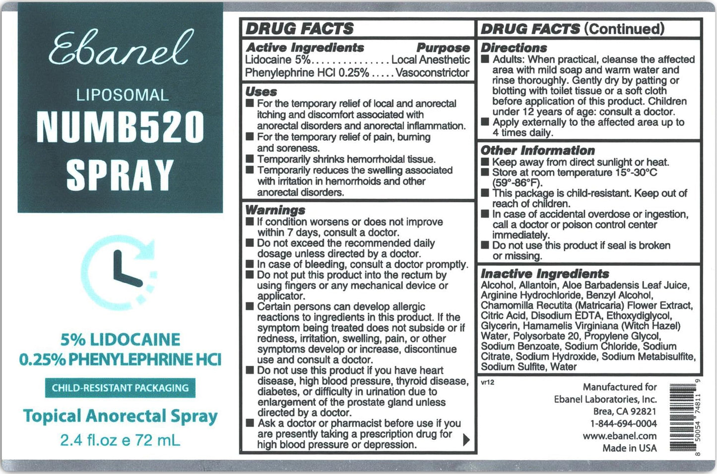 Ebanel 5% Lidocaine Spray Pain Relief Numb520 Burn Itch Relief Numbing Spray for Skin, Topical Anesthetic Postpartum Hemorrhoid Treatment with Phenylephrine for Local and Anorectal Uses