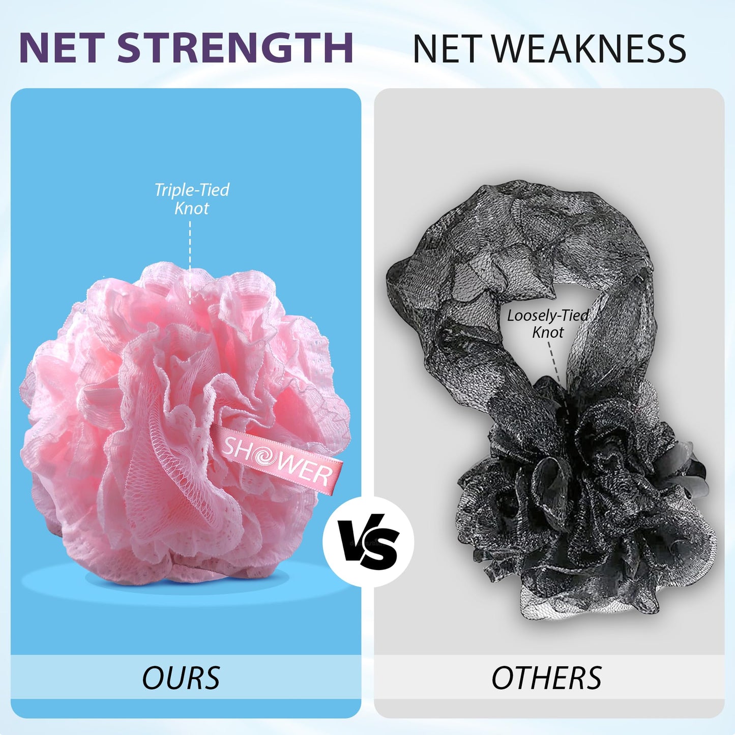 SHOWER BOUQUET Pink-Loofah-Bath-Sponge Lace-Mesh-Set // 2-Scrubs-in-1 // Large 60g Pouf (4 Pack Pink Colors) Body Luffa Loofa Loufa Puff - Exfoliate, Cleanse Skin with Luxurious Bathing Accessories