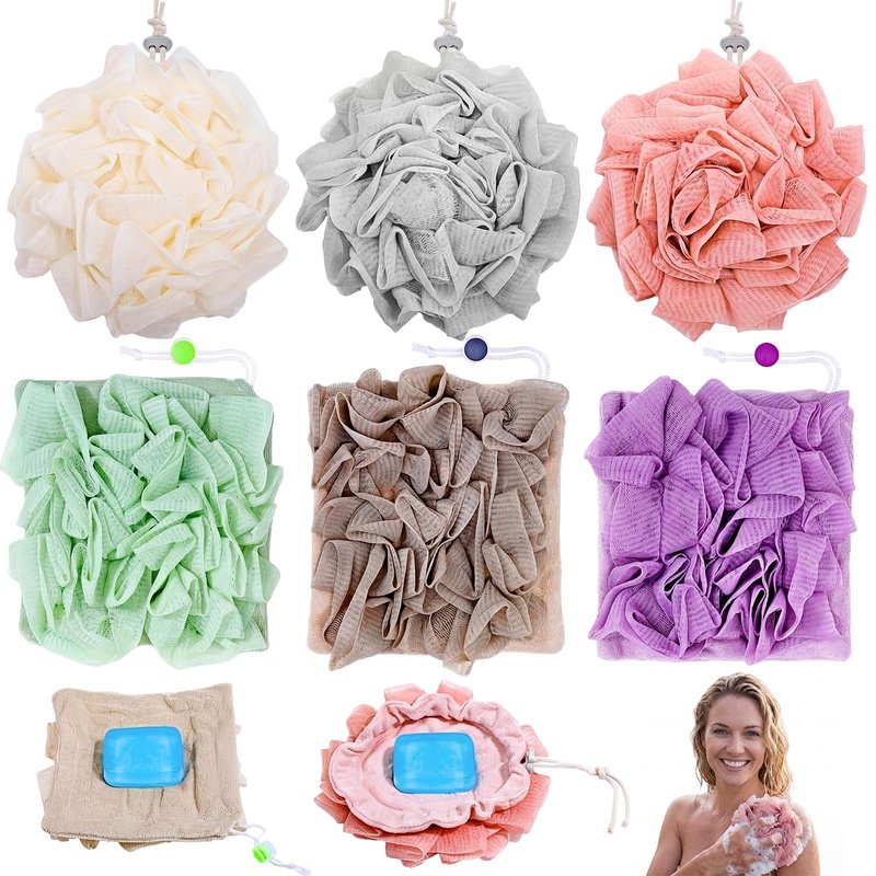 Afarnook 6 Pcs Washcloth Loofah Combo 2 in 1 Bath Loofah Sponge with Drawstring Exfoliation Mesh Shower Puff Ball for Body Cleaning Bath Set with Dual Sided Puff Shower Sponge Rich Lather